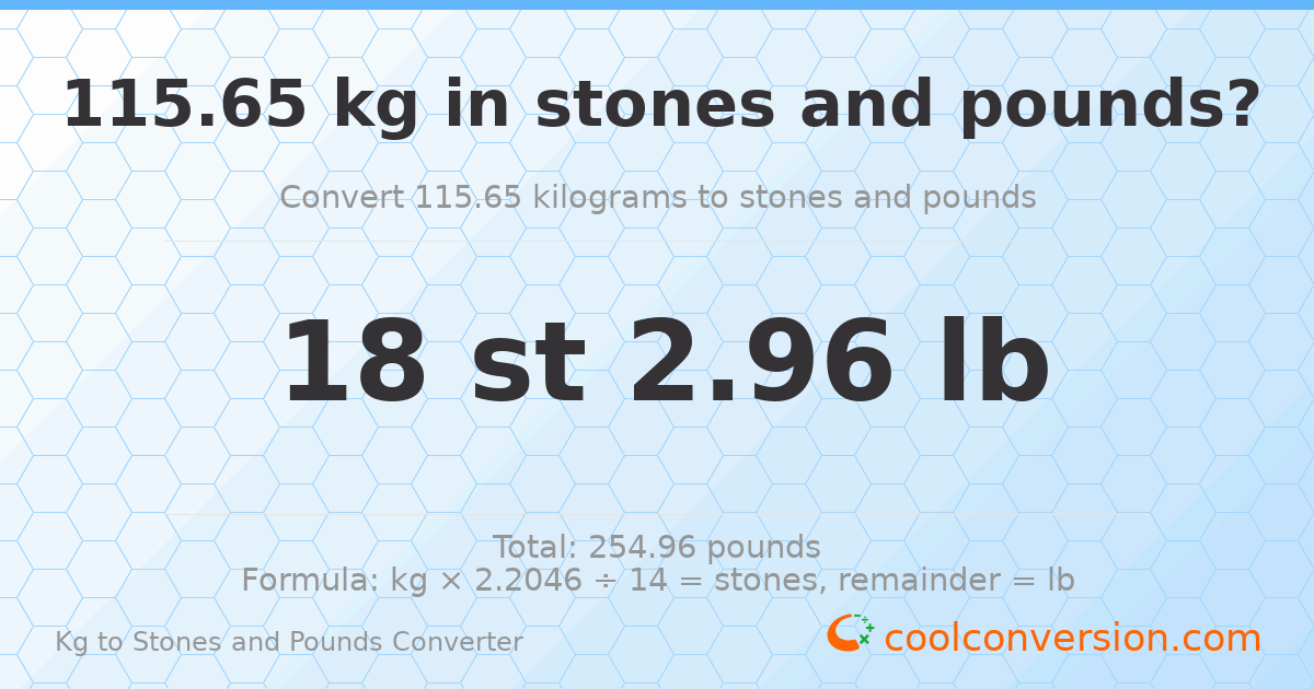 115.65 kg to stones and pounds — 115.65 kg = 18 st 2.96 lb