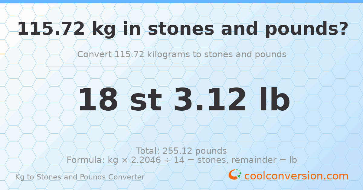 115.72 kg to stones and pounds — 115.72 kg = 18 st 3.12 lb