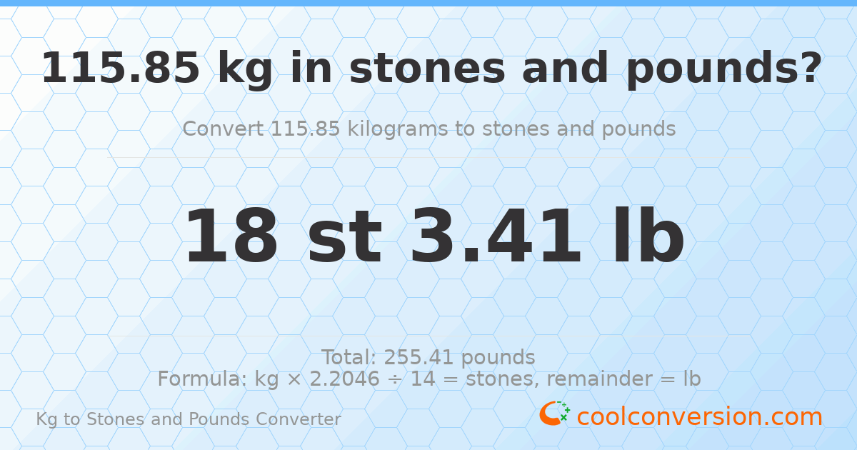 115.85 kg to stones and pounds — 115.85 kg = 18 st 3.41 lb
