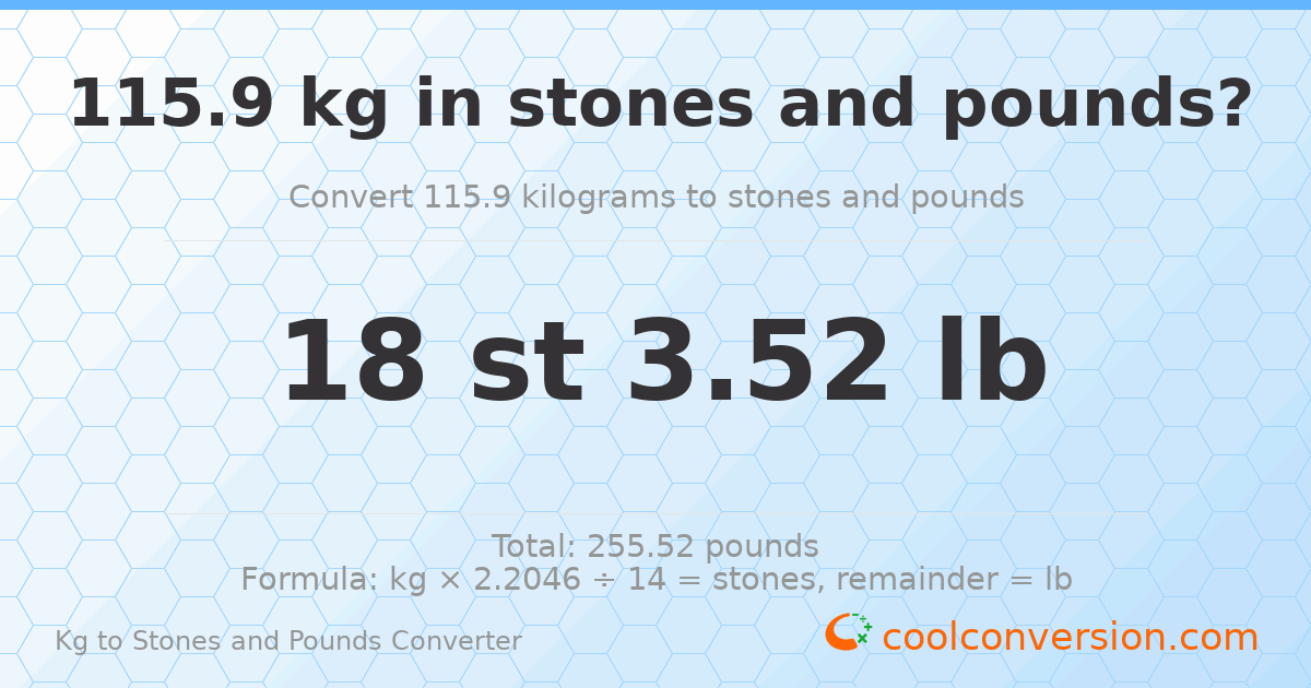 115.90 kg to stones and pounds — 115.90 kg = 18 st 3.52 lb