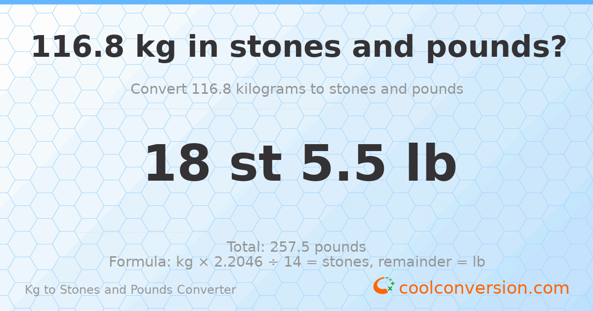 116.80 kg to stones and pounds — 116.80 kg = 18 st 5.50 lb