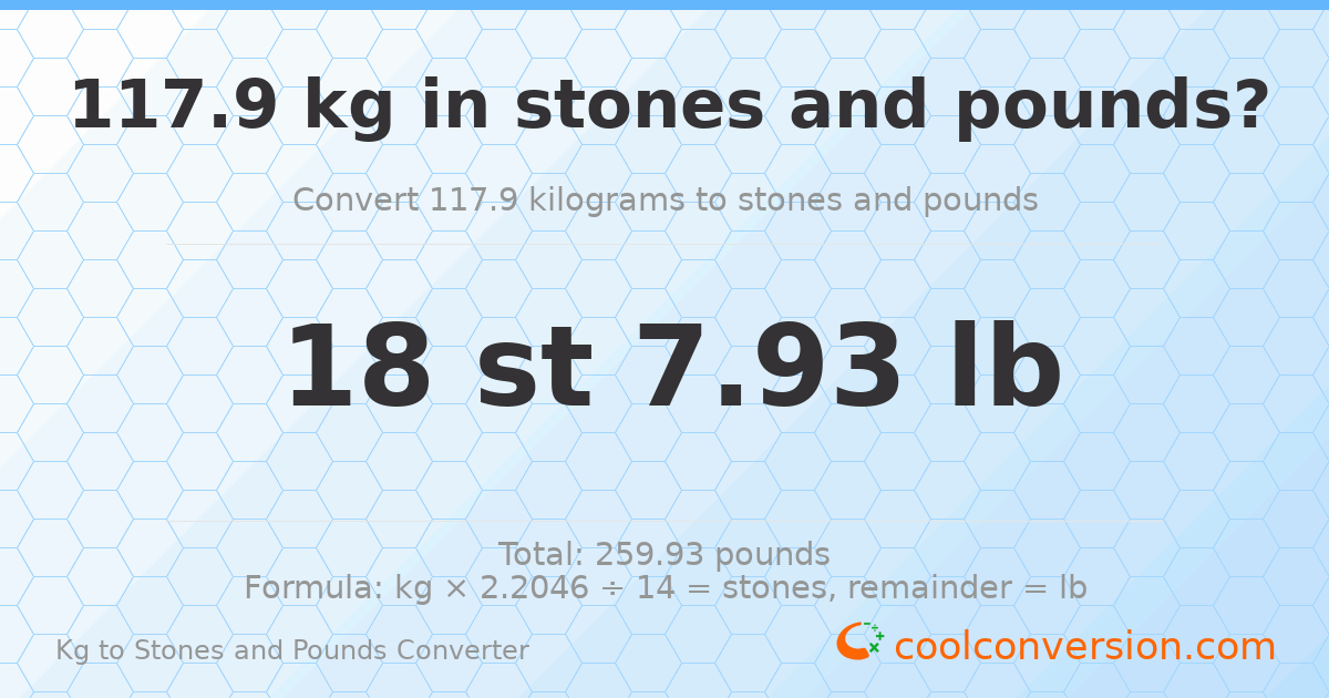 117.90 kg to stones and pounds — 117.90 kg = 18 st 7.93 lb