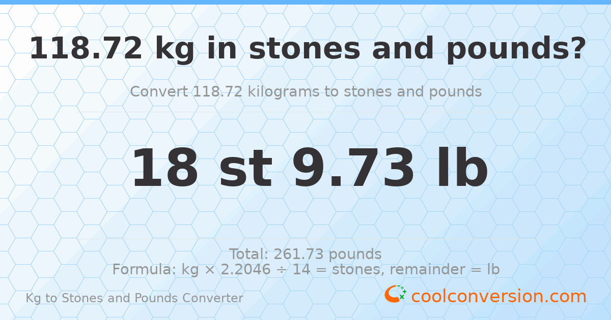 118.72 kg to stones and pounds — 118.72 kg = 18 st 9.73 lb
