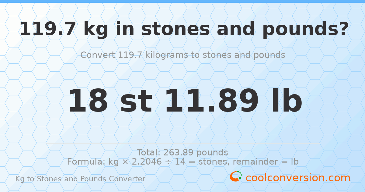 119.70 kg to stones and pounds — 119.70 kg = 18 st 11.89 lb