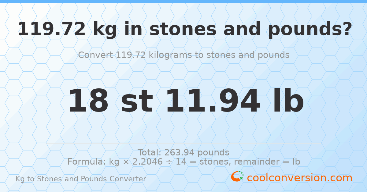 119.72 kg to stones and pounds — 119.72 kg = 18 st 11.94 lb