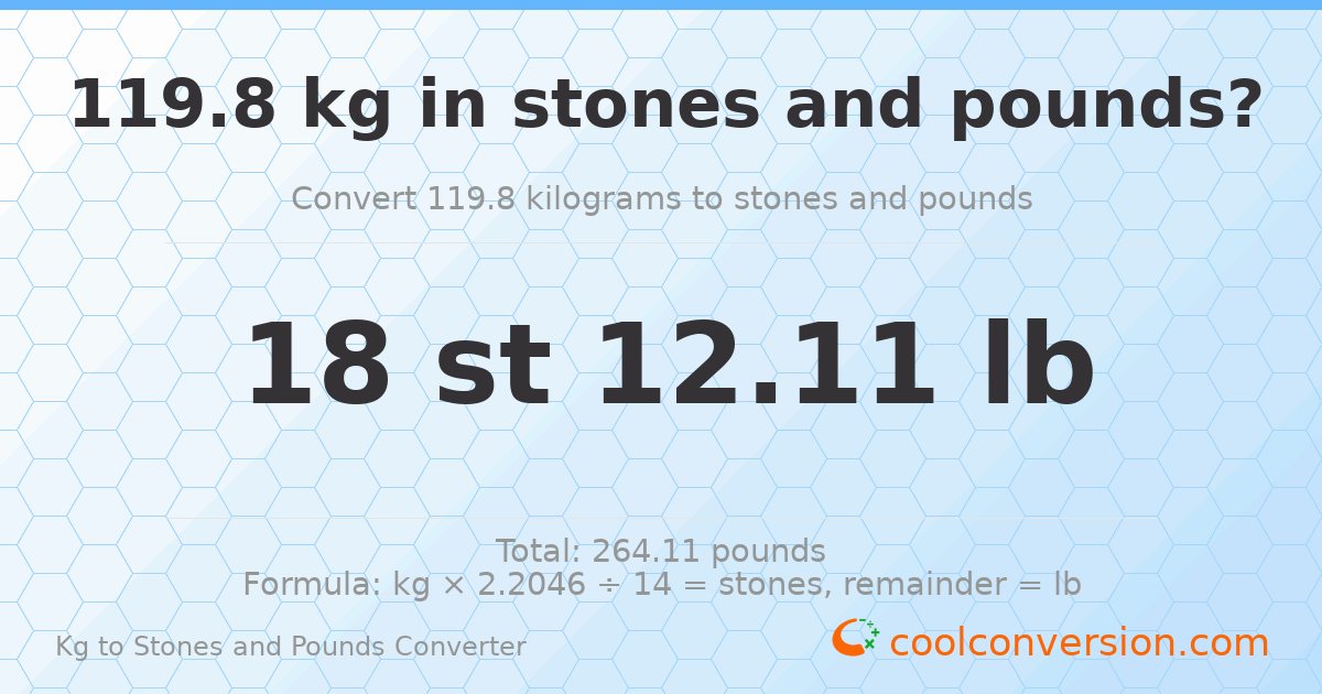 119.80 kg to stones and pounds — 119.80 kg = 18 st 12.11 lb