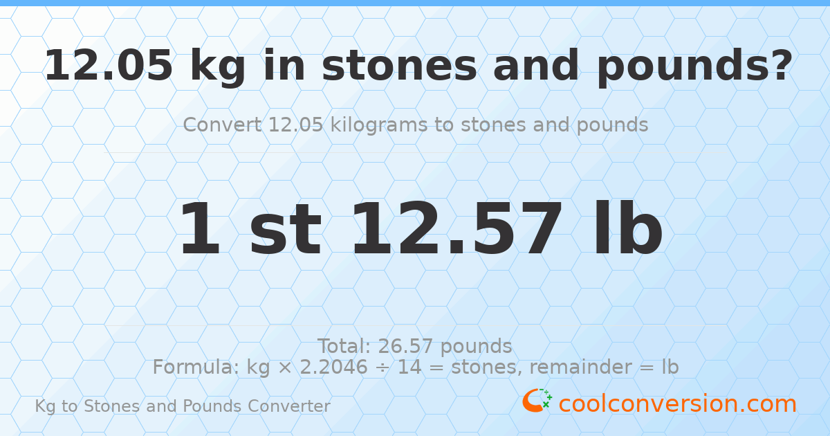 12.05 kg to stones and pounds — 12.05 kg = 1 st 12.57 lb
