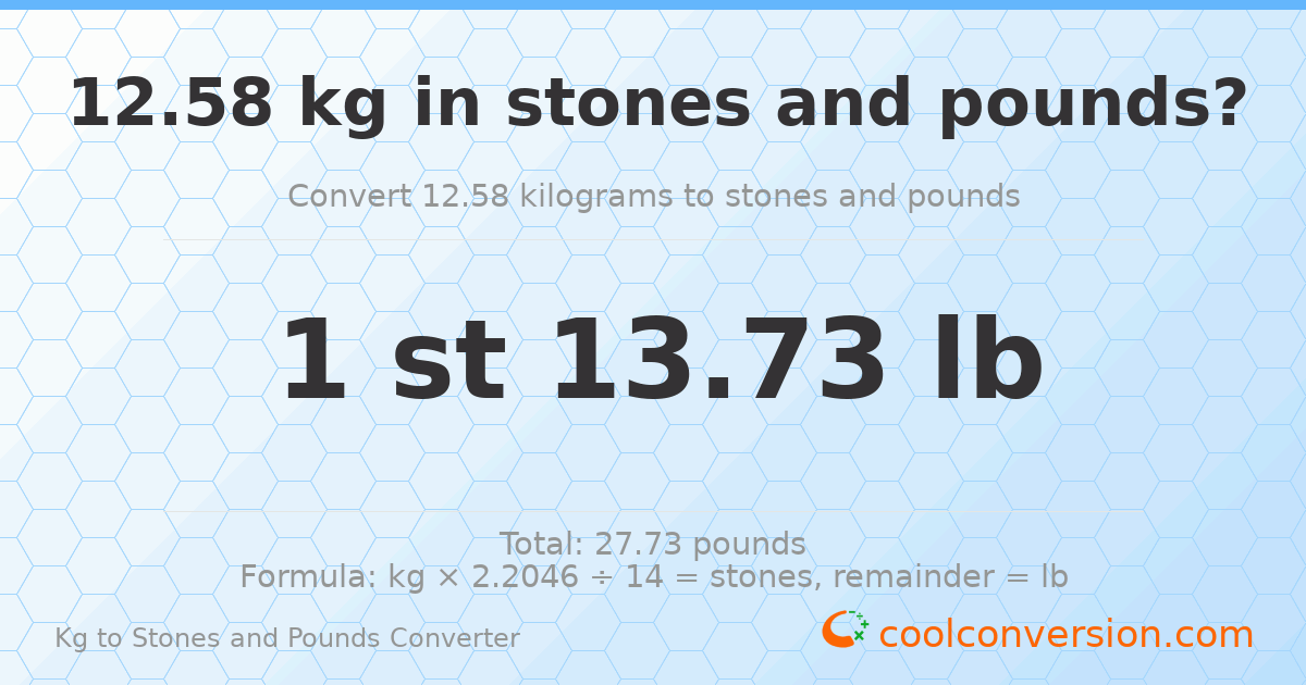 12.58 kg to stones and pounds — 12.58 kg = 1 st 13.73 lb