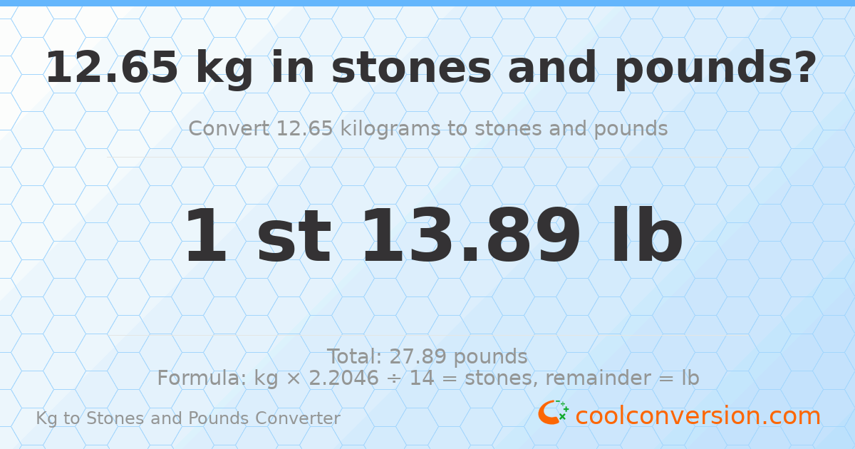 12.65 kg to stones and pounds — 12.65 kg = 1 st 13.89 lb