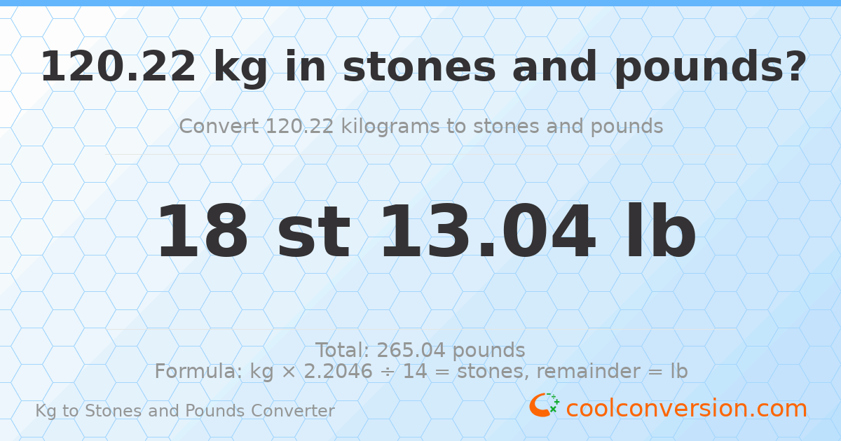 120.22 kg to stones and pounds — 120.22 kg = 18 st 13.04 lb