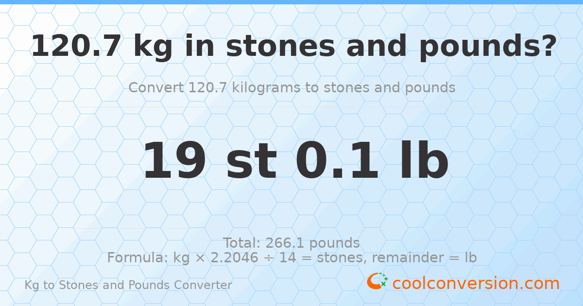 120.70 kg to stones and pounds — 120.70 kg = 19 st 0.10 lb
