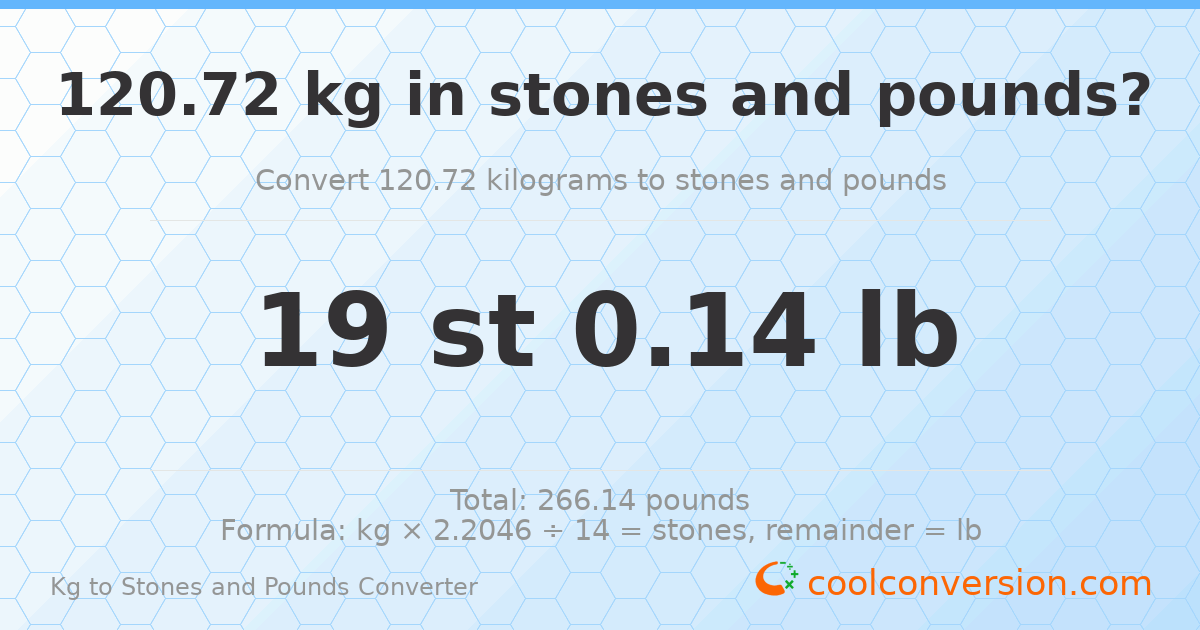 120.72 kg to stones and pounds — 120.72 kg = 19 st 0.14 lb