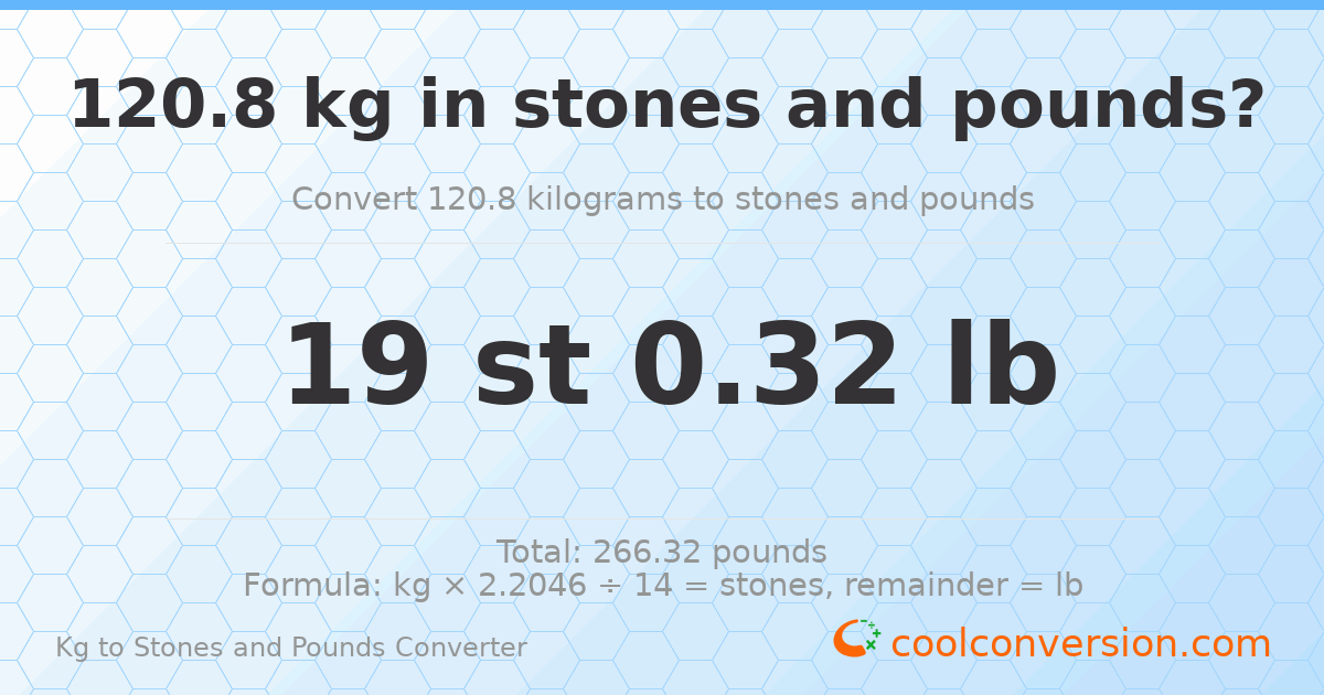 120.8 kg to stones and pounds — 120.8 kg = 19 st 0.32 lb