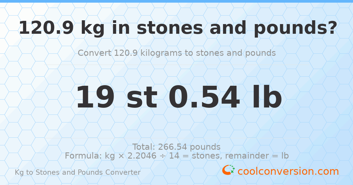 120.9 kg to stones and pounds — 120.9 kg = 19 st 0.54 lb