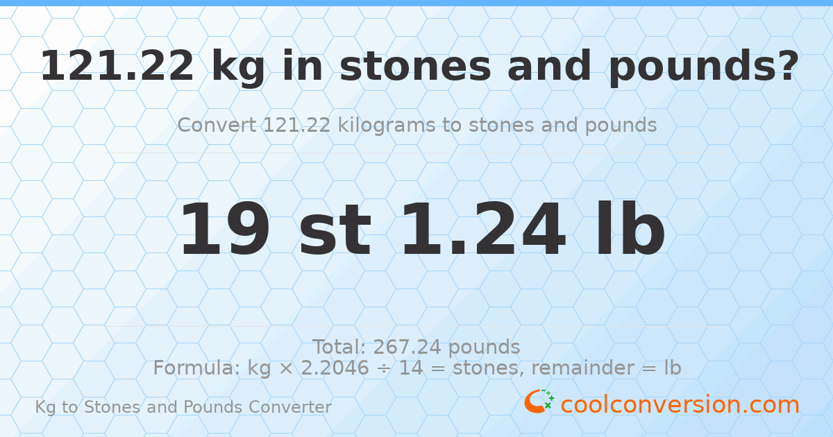 121.22 kg to stones and pounds — 121.22 kg = 19 st 1.24 lb