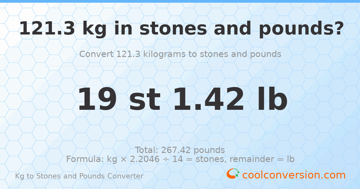 121.3 kg to stones and pounds — 121.3 kg = 19 st 1.42 lb