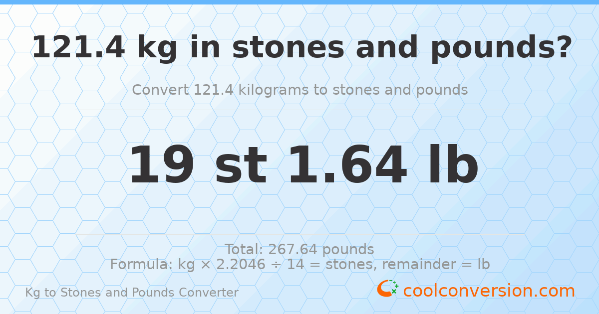 121.4 kg to stones and pounds — 121.4 kg = 19 st 1.64 lb