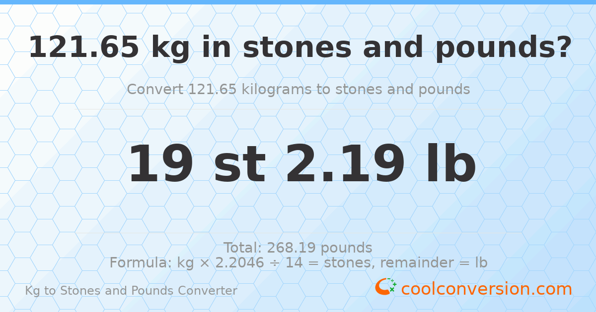 121.65 kg to stones and pounds — 121.65 kg = 19 st 2.19 lb
