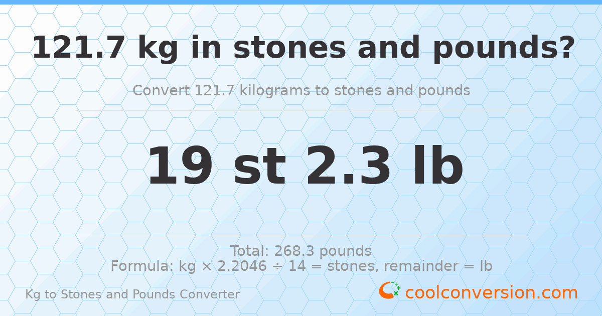 121.7 kg to stones and pounds — 121.7 kg = 19 st 2.30 lb