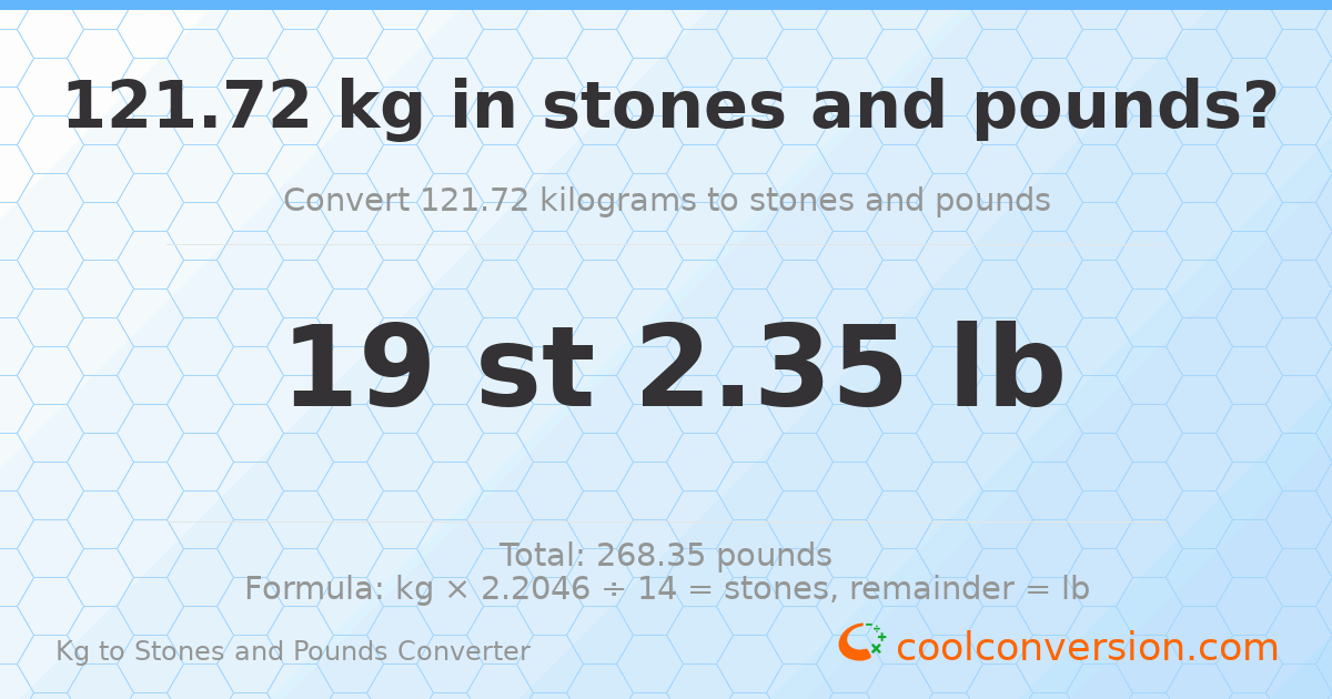 121.72 kg to stones and pounds — 121.72 kg = 19 st 2.35 lb