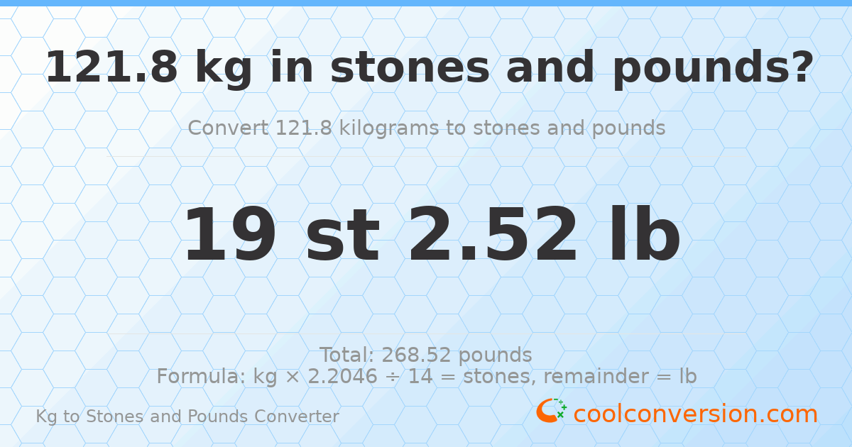 121.8 kg to stones and pounds — 121.8 kg = 19 st 2.52 lb