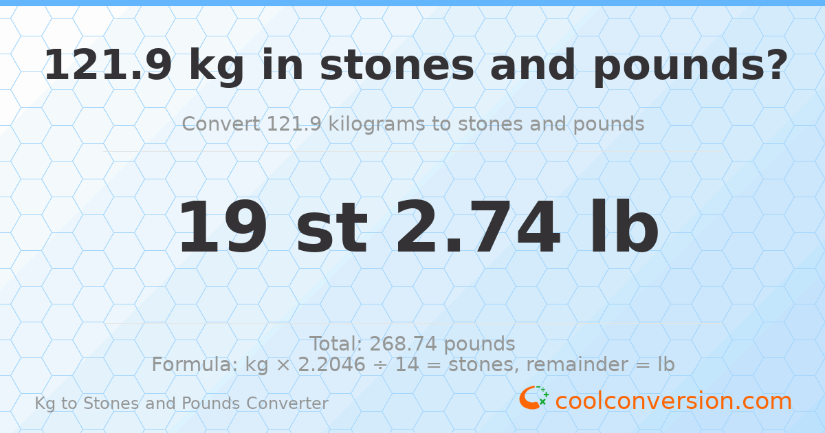121.9 kg to stones and pounds — 121.9 kg = 19 st 2.74 lb