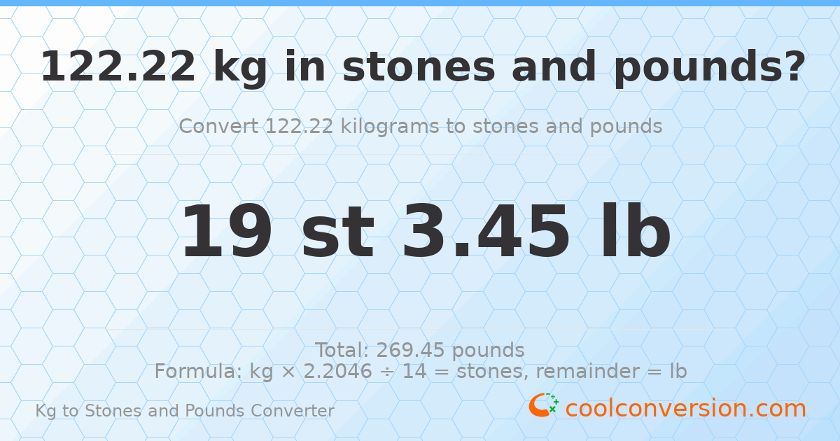 122.22 kg to stones and pounds — 122.22 kg = 19 st 3.45 lb