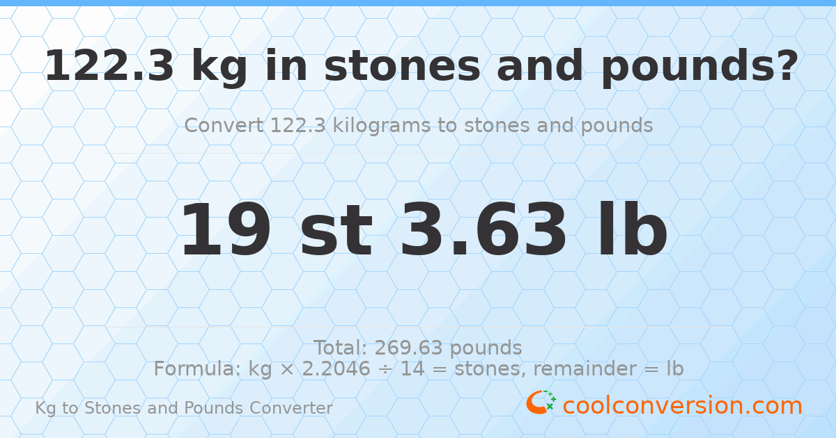 122.30 kg to stones and pounds — 122.30 kg = 19 st 3.63 lb