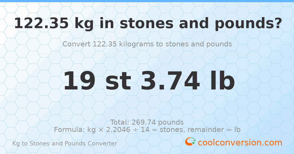 122.35 kg to stones and pounds — 122.35 kg = 19 st 3.74 lb
