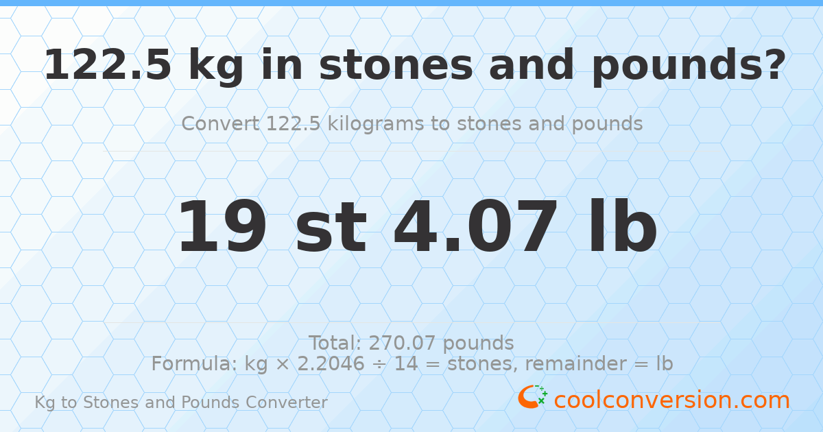 122.5 kg to stones and pounds — 122.5 kg = 19 st 4.07 lb