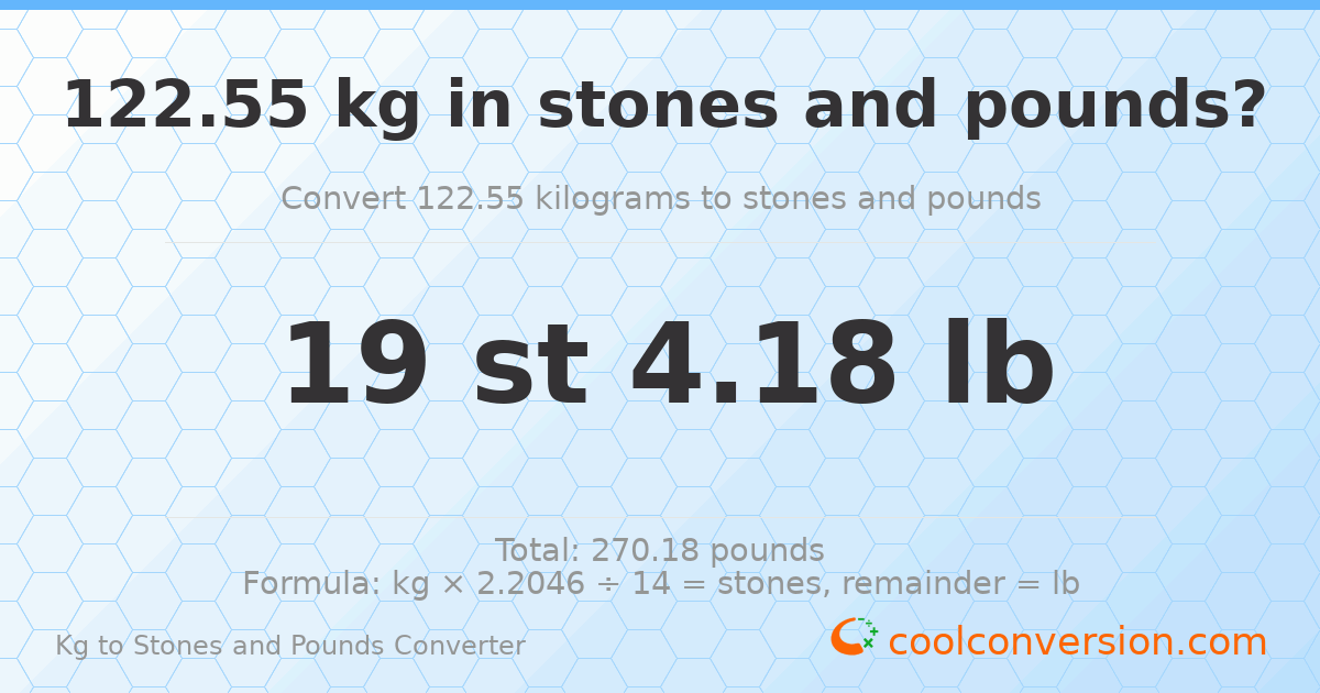 122.55 kg to stones and pounds — 122.55 kg = 19 st 4.18 lb