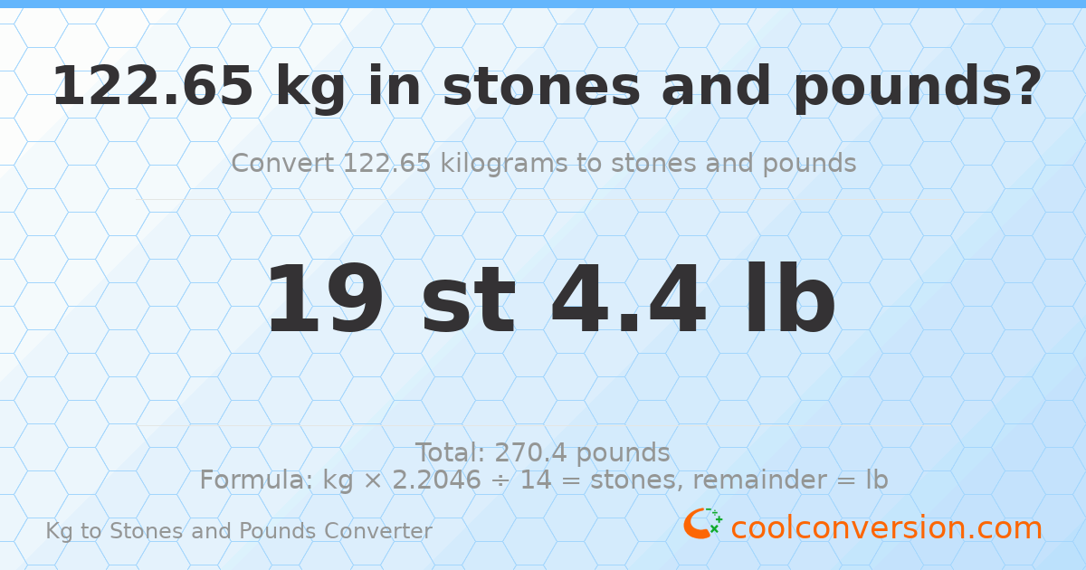 122.65 kg to stones and pounds — 122.65 kg = 19 st 4.40 lb