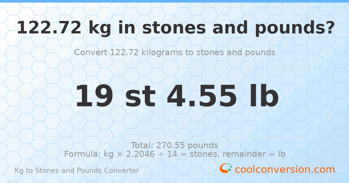 122.72 kg to stones and pounds — 122.72 kg = 19 st 4.55 lb