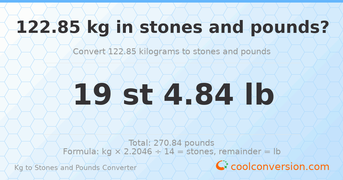 122.85 kg to stones and pounds — 122.85 kg = 19 st 4.84 lb