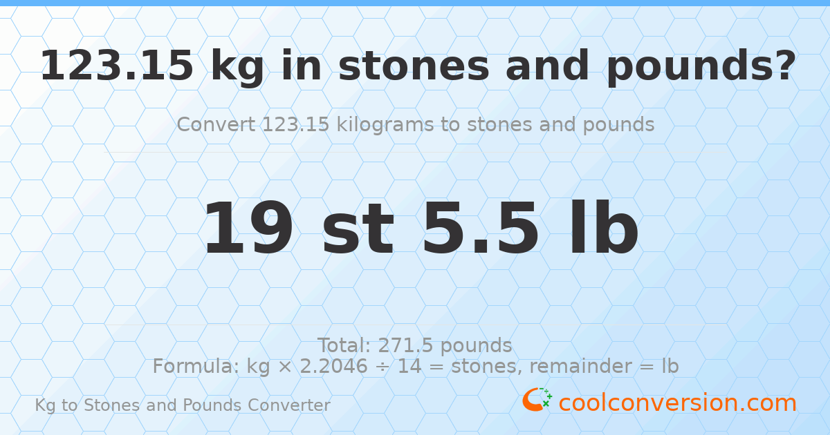 123.15 kg to stones and pounds — 123.15 kg = 19 st 5.50 lb