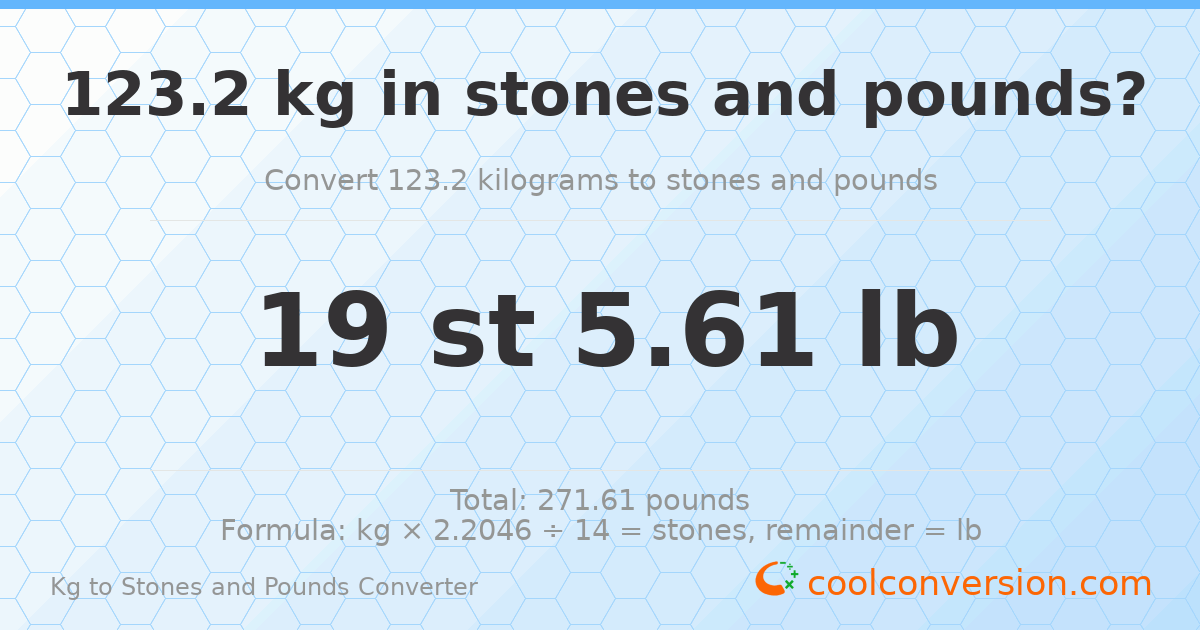 123.2 kg to stones and pounds — 123.2 kg = 19 st 5.61 lb