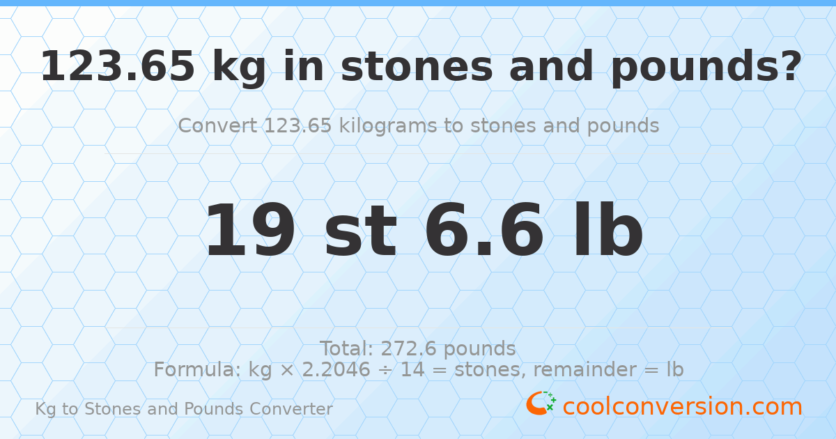 123.65 kg to stones and pounds — 123.65 kg = 19 st 6.60 lb