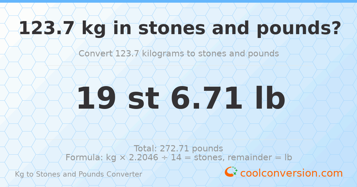 123.7 kg to stones and pounds — 123.7 kg = 19 st 6.71 lb