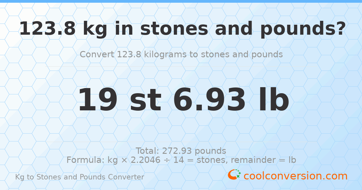 123.80 kg to stones and pounds — 123.80 kg = 19 st 6.93 lb