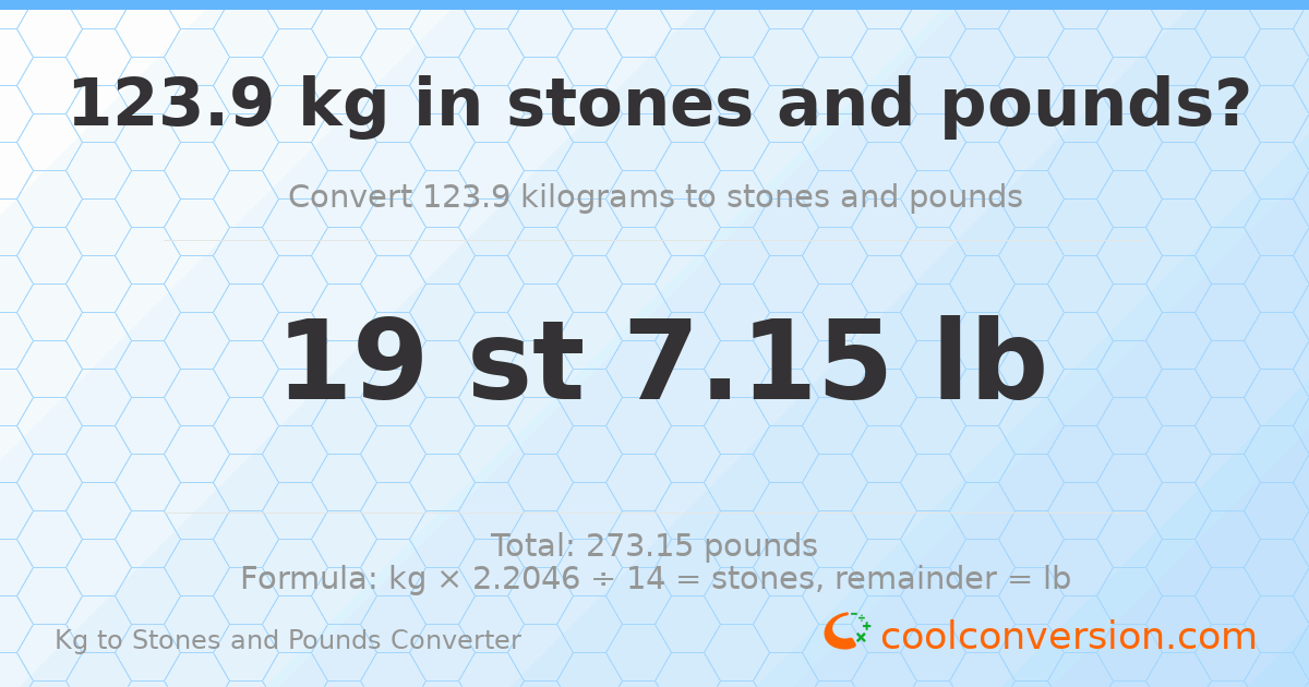 123.90 kg to stones and pounds — 123.90 kg = 19 st 7.15 lb