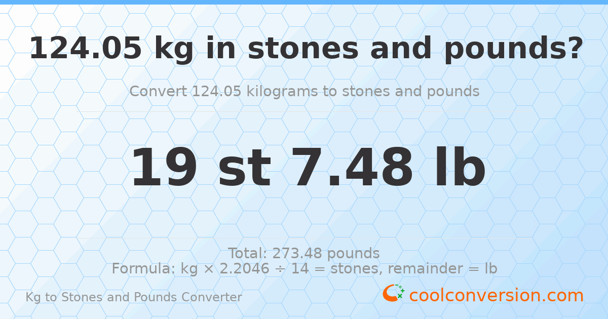 124.05 kg to stones and pounds — 124.05 kg = 19 st 7.48 lb