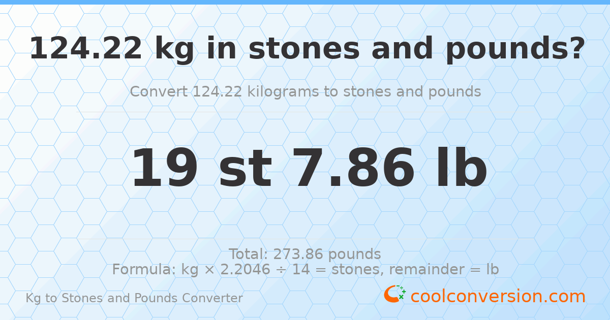 124.22 kg to stones and pounds — 124.22 kg = 19 st 7.86 lb