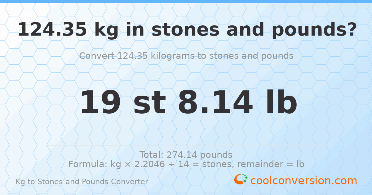 124.35 kg to stones and pounds — 124.35 kg = 19 st 8.14 lb