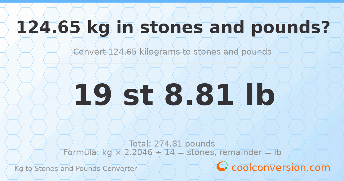 124.65 kg to stones and pounds — 124.65 kg = 19 st 8.81 lb