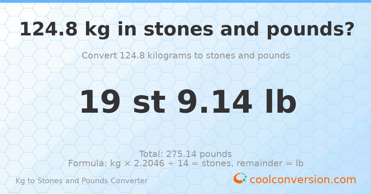 124.8 kg to stones and pounds — 124.8 kg = 19 st 9.14 lb
