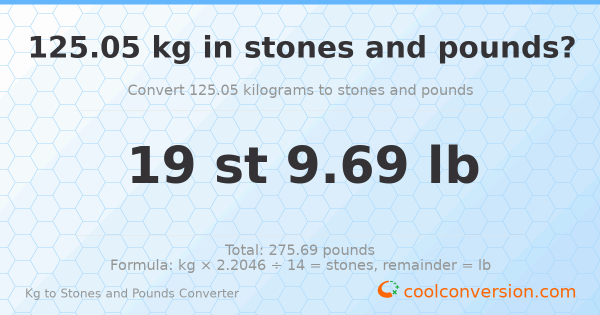 125.05 kg to stones and pounds — 125.05 kg = 19 st 9.69 lb