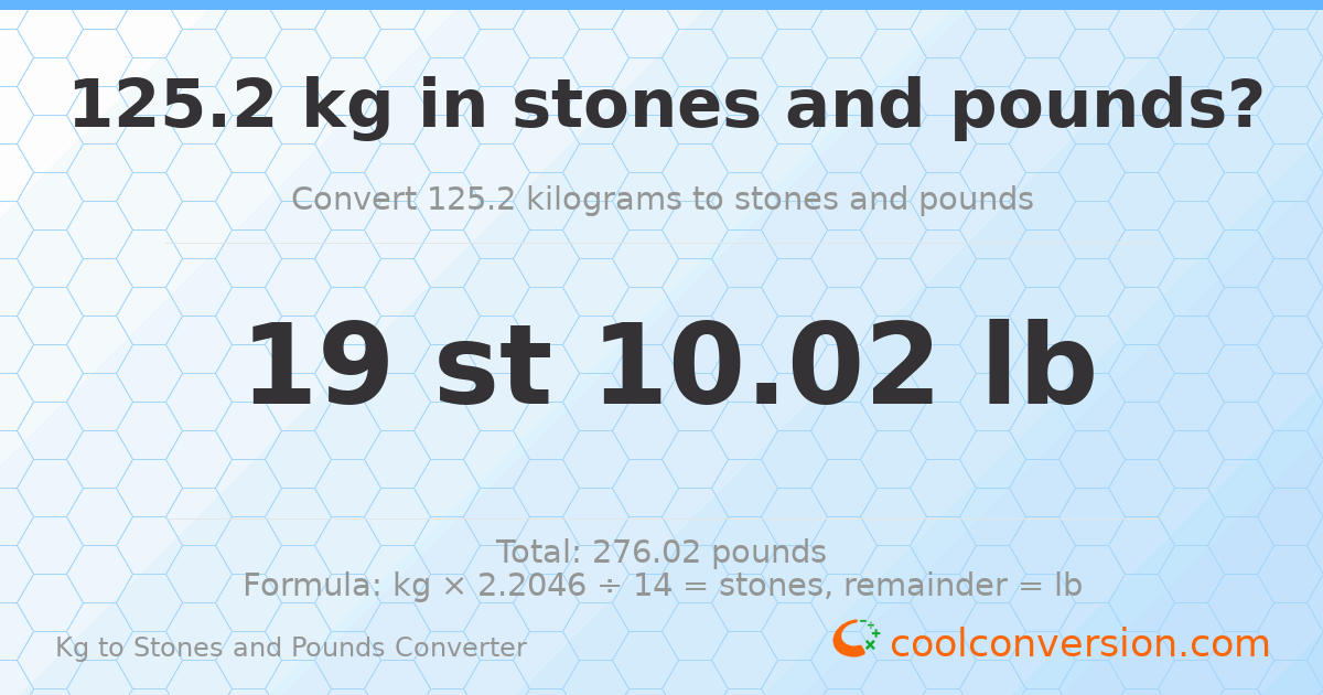 125.20 kg to stones and pounds — 125.20 kg = 19 st 10.02 lb