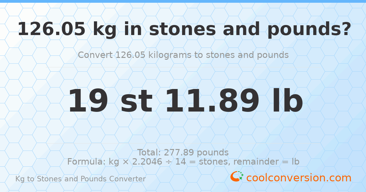126.05 kg to stones and pounds — 126.05 kg = 19 st 11.89 lb