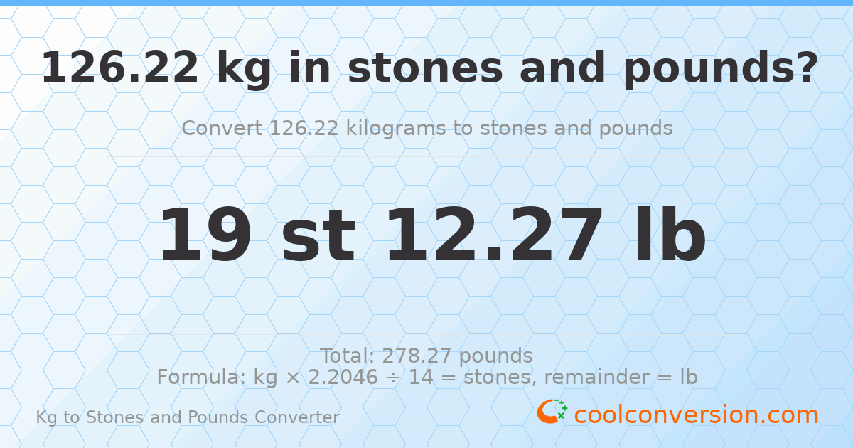 126.22 kg to stones and pounds — 126.22 kg = 19 st 12.27 lb