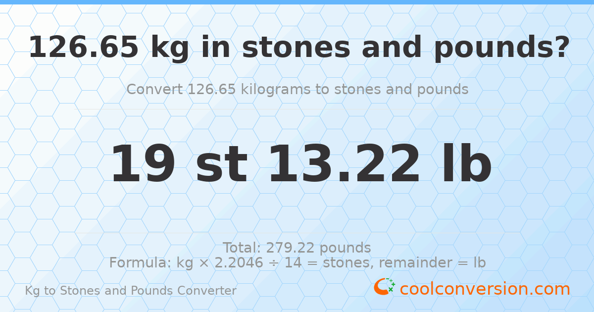126.65 kg to stones and pounds — 126.65 kg = 19 st 13.22 lb
